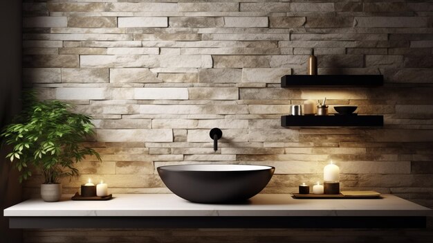 Interior scene and mockup of a modern bathroom with stone walls and a sink perched on a wooden countertop Generative ai