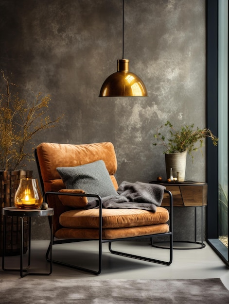 枕とカーペットのコーヒーテーブルの椅子のインテリアシーン 暗いリビングのホームオフィスのインテリア