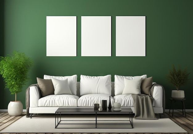 interior scene with green wallswhite sofa and three frame mock up minimalist backgrounds