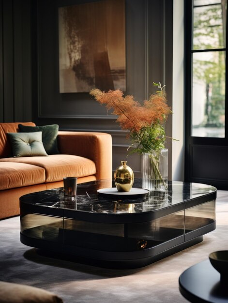 Interior scene with sofa coffee table dark interior