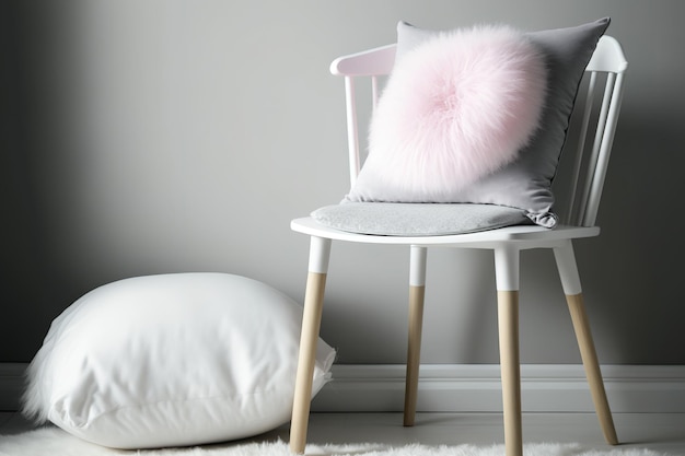 An interior scenes design background features a side view of a contemporary white plastic chair with a light rosa pillow and a seat cushion made of grey faux long fur