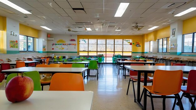 Interior of a school classroom with tables and chairs