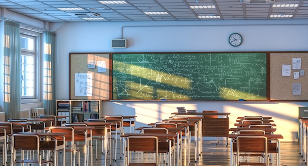 Interior of a school classroom with wooden desks and chairs. nobody around. 3d render