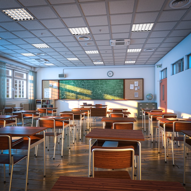 Interno di un'aula scolastica, pavimento in legno e scrivanie. concetto di educazione e apprendimento. rendering 3d