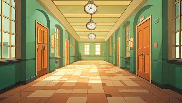 Interior of a school corridor Vector illustration in cartoon style
