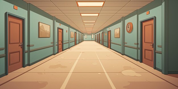 Foto interno di un corridoio scolastico illustrazione vettoriale in stile cartone animato
