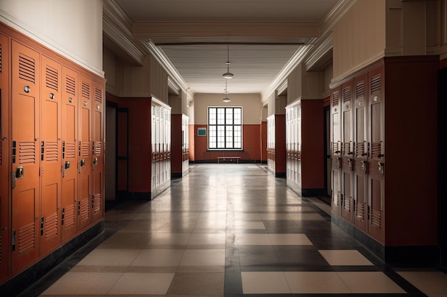 사물함이 있는 학교 복도의 내부 3d 렌더링 사물함 AI 생성이 있는 빈 고등학교 복도 내부 보기