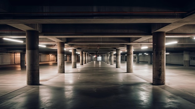 Interior shot of an empty underground parking garage