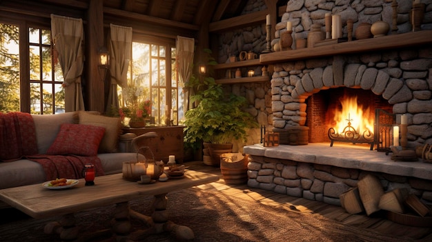 An interior shot of a log cabin with a stone fireplace and wooden furniture