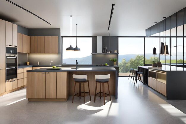 Interior shot of a modern house kitchen with large windows