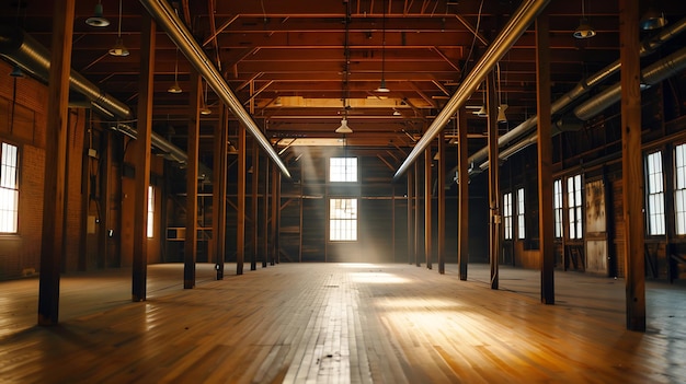 An interior shot of an old historic empty warehousefactory with exposed ducts and Generative AI