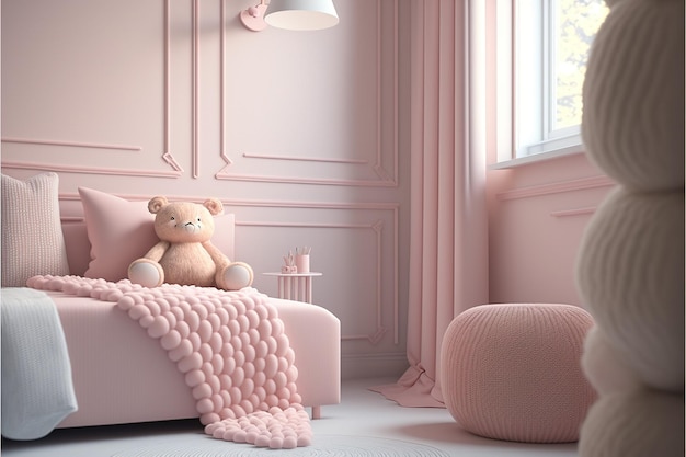 Interior shot of a pastel pink child bedroom, AI-generated.