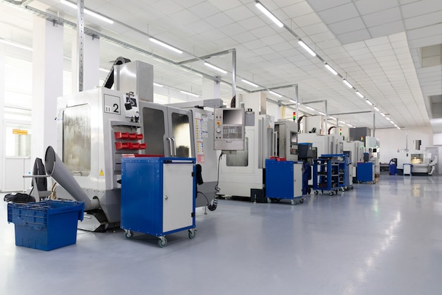 An interior shot of producing line of metal parts in modern plant