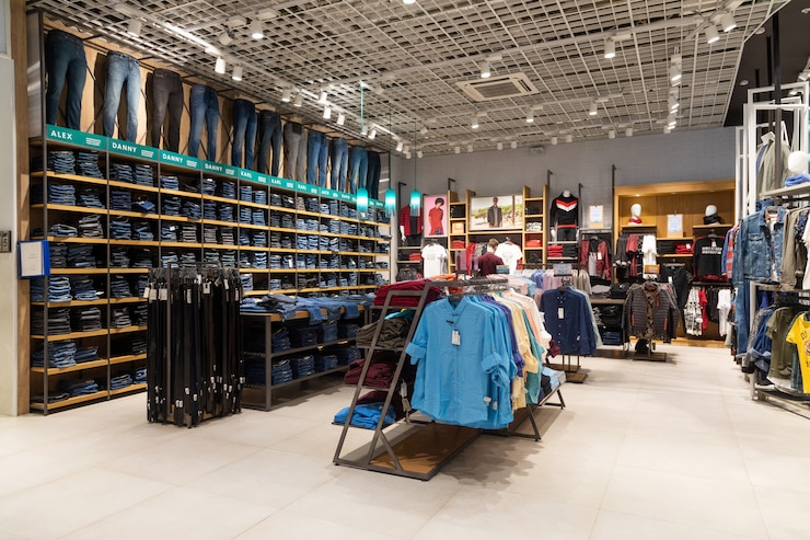 Photo interior shot of racks with shirts, undershirts and jeans