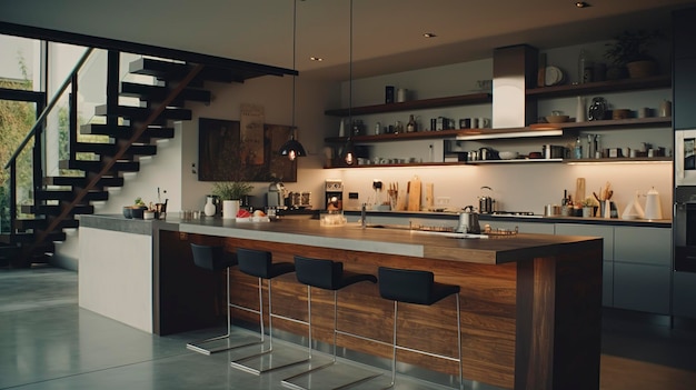 An interior shot of a spacious triplex kitchen