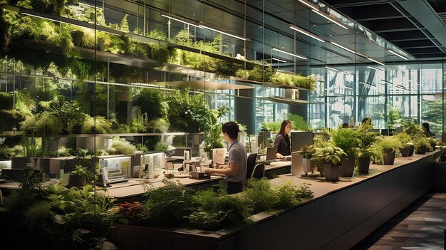 Photo interior shots of offices with flora and fauna or vertical gardens