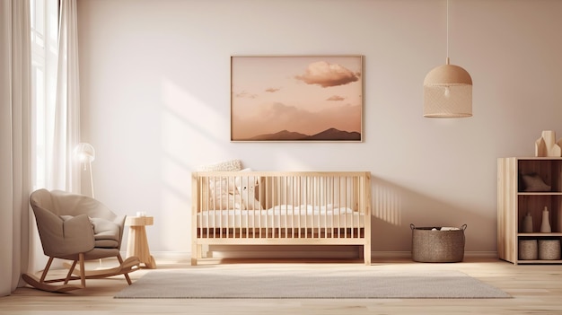 현대적인 스타일의 아름다운 산모와 미래의 유아용 침대를 갖춘 보육원의 내부 측면