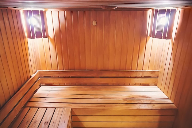 Interior of small home Finnish wooden sauna