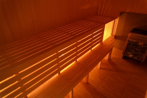 Interior of small home wooden sauna