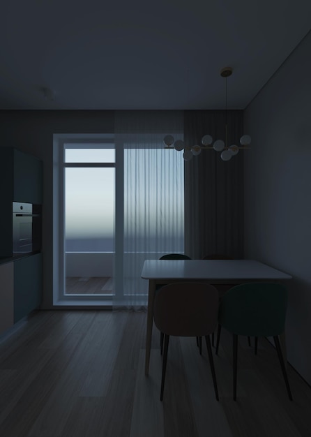 Interior of a small kitchen in a modern style. Night. Evening lighting. 3D rendering.