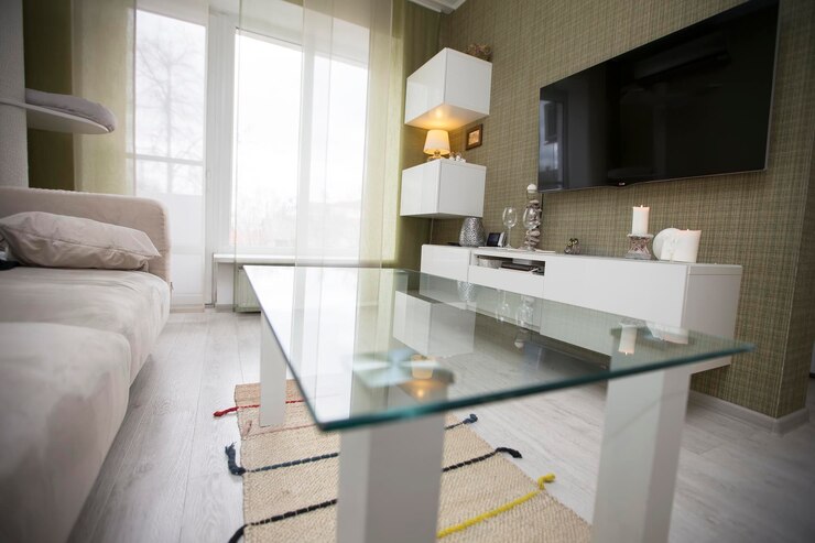 The interior of a small living room in a small apartment
