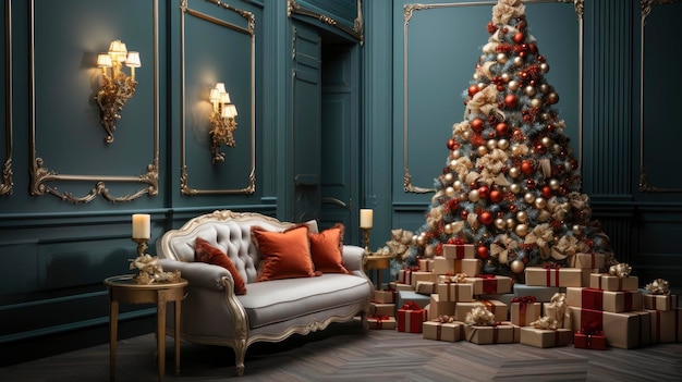 Интерьер изысканной гостиной, украшенной рождественской елкой и рождественскими подарками