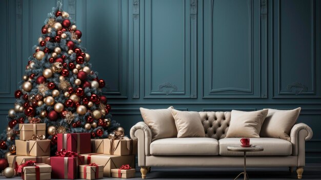 Interior of sophisticated living room decorated with Christmas tree and Christmas gifts