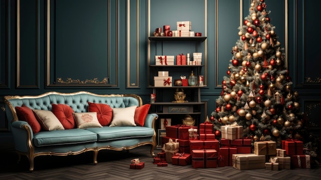 Interior of sophisticated living room decorated with Christmas tree and Christmas gifts