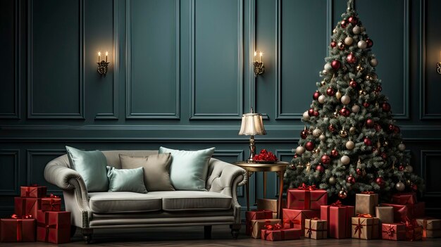 Интерьер изысканной гостиной, украшенной рождественской елкой и рождественскими подарками