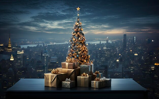 Interior of sophisticated living room decorated with Christmas tree and Christmas gifts