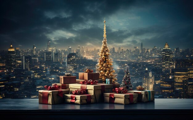 Interior of sophisticated living room decorated with Christmas tree and Christmas gifts