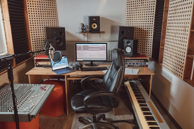 Interior of a soundproof room in a modern recording studio\
sound engineer workplace for broadcasting