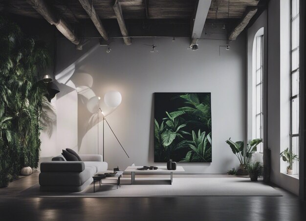 Photo interior space with walls to put the painting on in light grey colors jungle accents