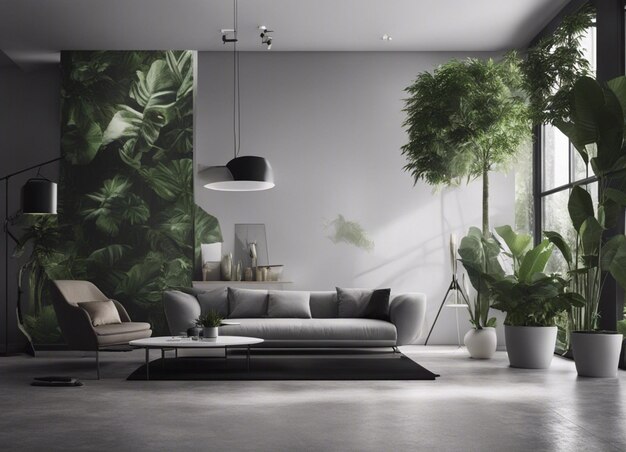 Фото Внутреннее пространство со стенами, чтобы положить картину в светло-серых цветах джунгли акценты