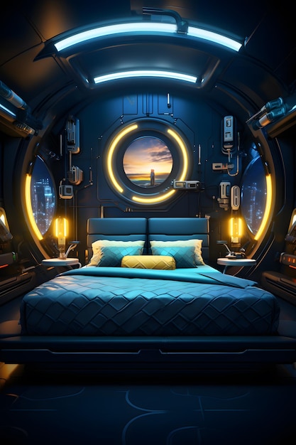 Interior of a spaceship with a double bed