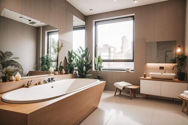 The interior of a spacious bathroom in a cozy apartment with a bathtub and sink