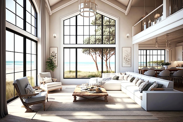 Interior of spacious beachfront villa with large windows and views to sea generative ai