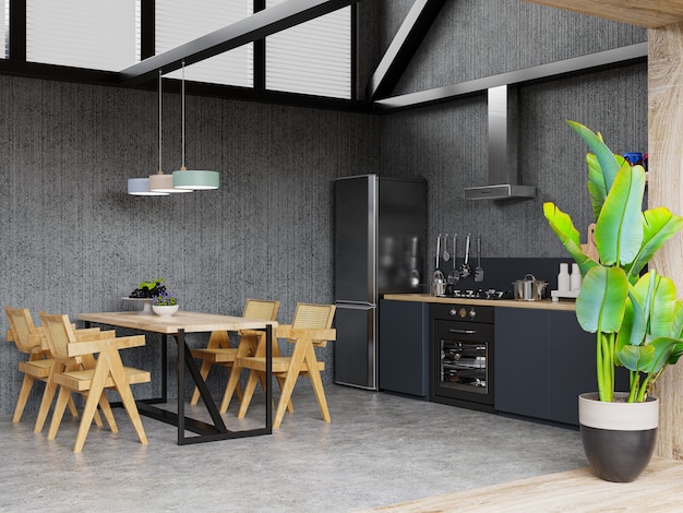 Interior of spacious kitchen with concrete wall. 3d rendering