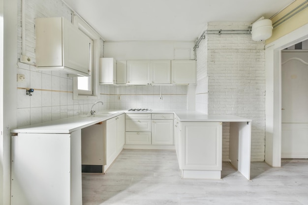 Interior of spacious light kitchen with modern white furniture