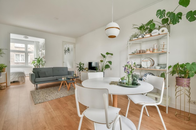 The interior of a spacious living room connected to a dining area and lots of house plants