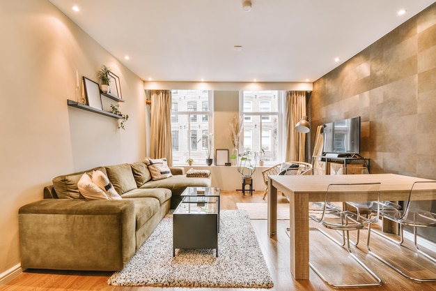 The interior of a spacious living room with a large corner sofa