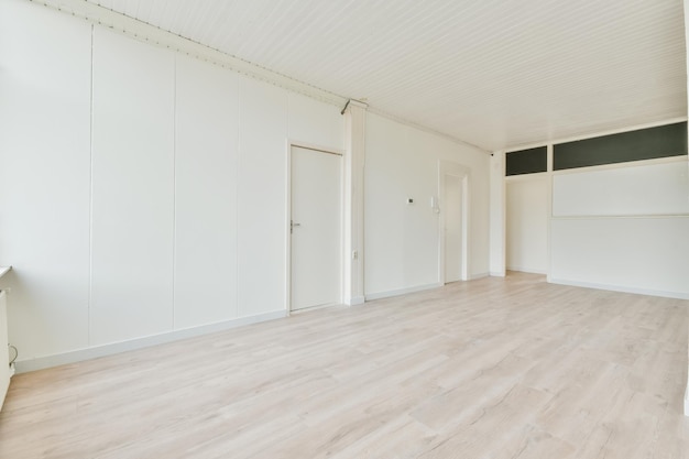 Interior of a spacious room with beautifully laid parquet