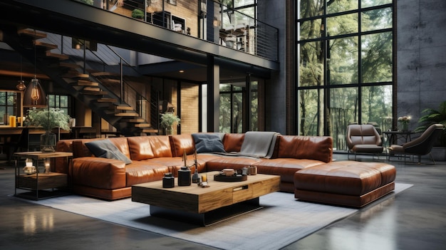 Interior of spacy loft style living room in luxury cottage Dark grunge walls leather cushioned furniture wooden coffee table stairs to upper floor panoramic windows Contemporary home design