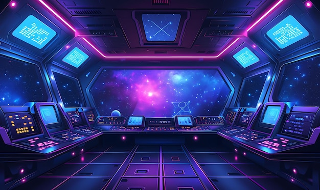 Photo interior of starship simulator room with galaxy star map and nebula holo vr concept idea ne