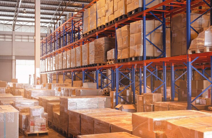 Photo interior of storage warehouse with package 
boxes on tall shelves