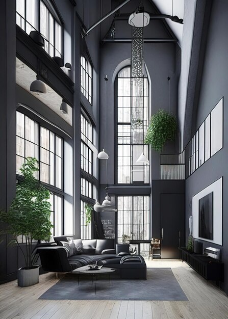 Photo interior studio with high ceilings loft style colors black grey illustration generated by ai