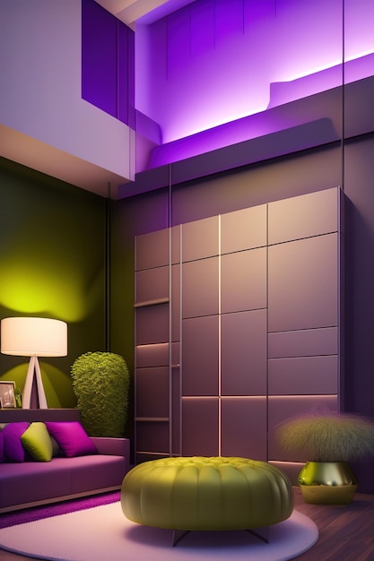 Foto studio interno con soffitti alti in stile loft colori viola oliva illustrazione generata da ai