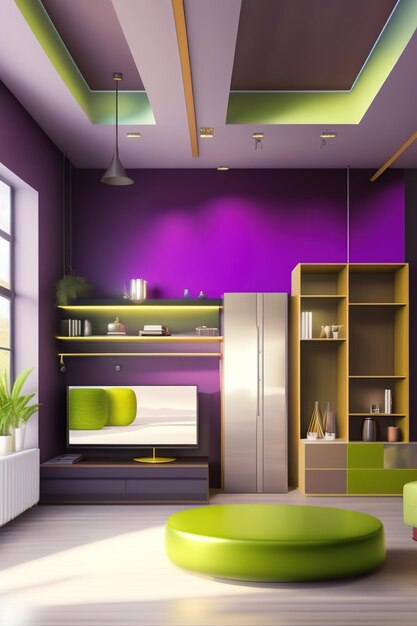 Фото Интерьерная студия с высокими потолками в стиле лофт цвета фиолетовые оливковые иллюстрации, созданные ай