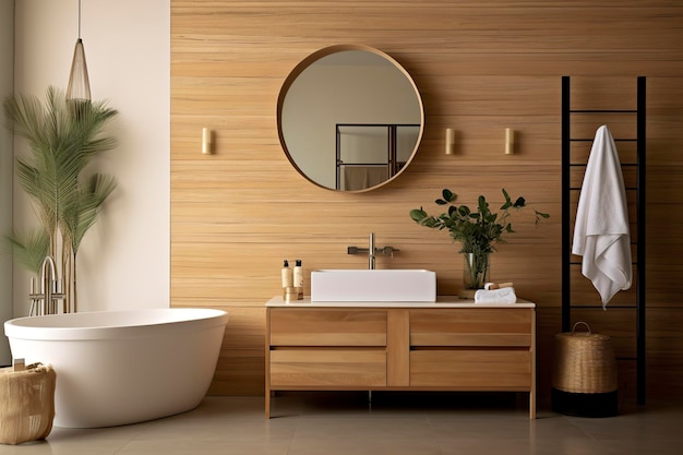 Interior of stylish bathroom with wooden cabinet sink bathtub and mirror