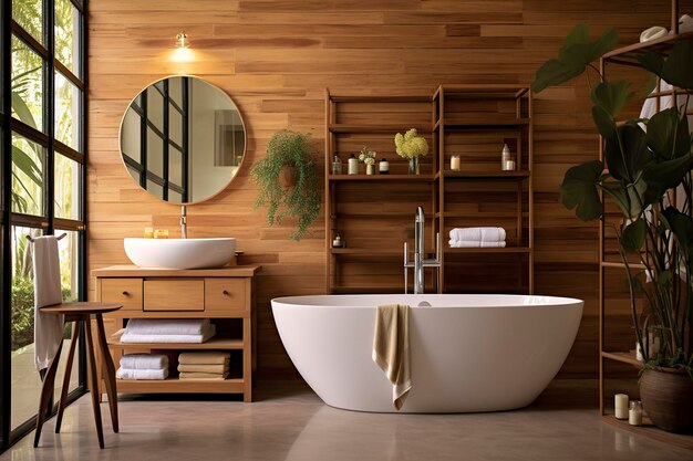 Interior of stylish bathroom with wooden cabinet sink bathtub and mirror